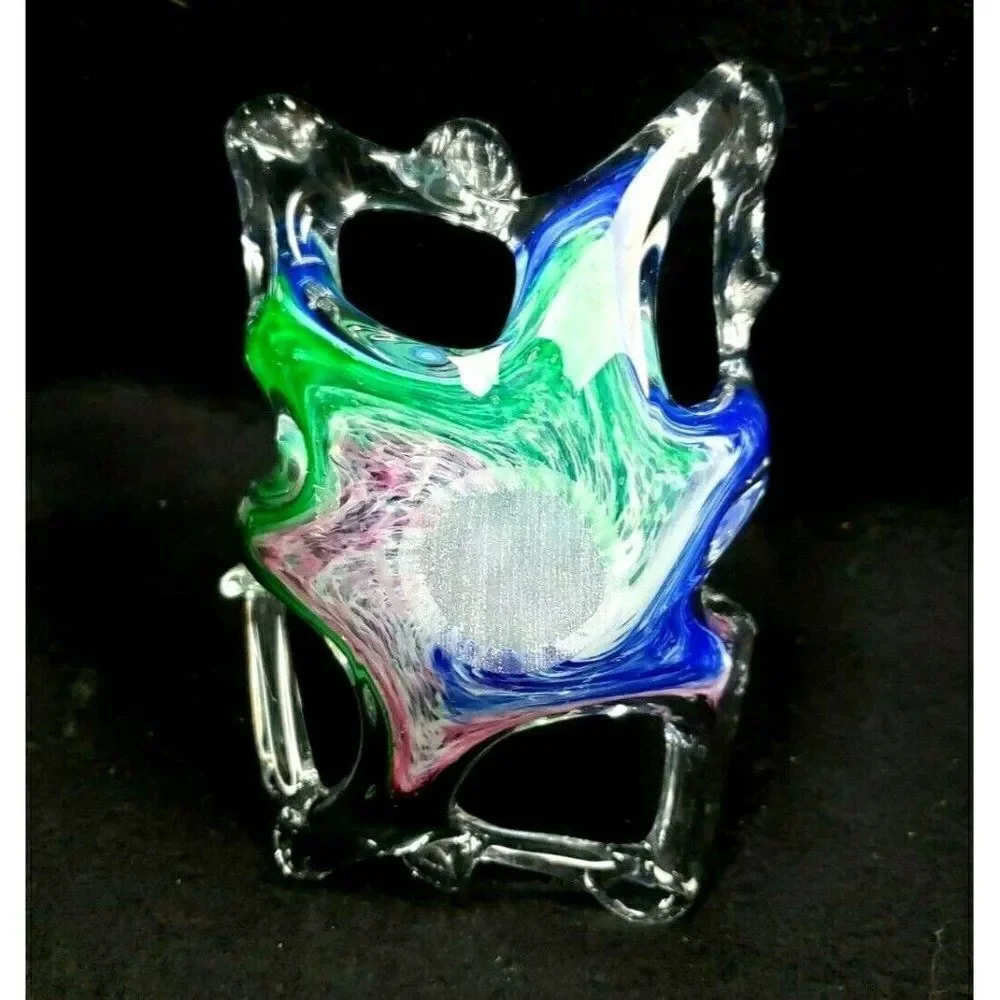 STUNNING! Vintage Art Glass Basket Candy Dish Blue Pink Green Swirl Colorful